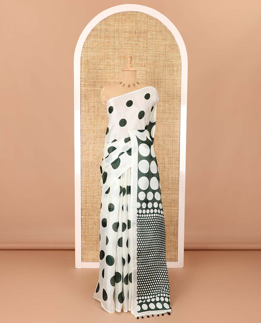 Borderless cream and green polka dots printed art khadi cotton saree, pallu steeped with polka dots, and a contrast tiny polka dots printed blouse - Image 3