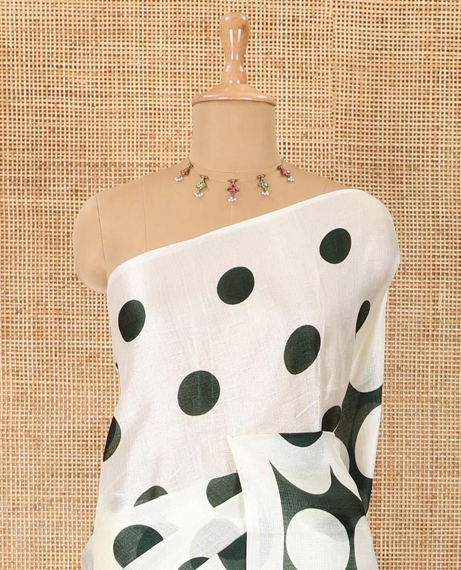 Borderless cream and green polka dots printed art khadi cotton saree, pallu steeped with polka dots, and a contrast tiny polka dots printed blouse - Image 4