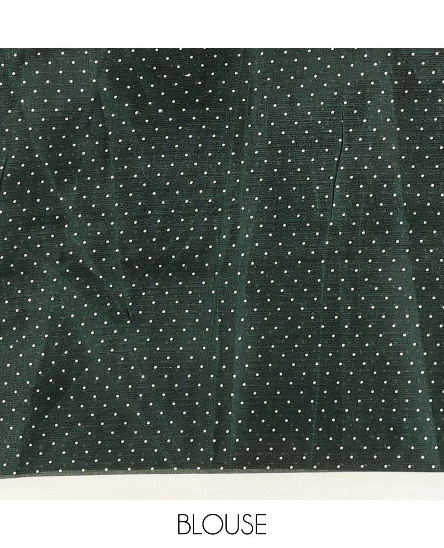 Borderless cream and green polka dots printed art khadi cotton saree, pallu steeped with polka dots, and a contrast tiny polka dots printed blouse - Image 5