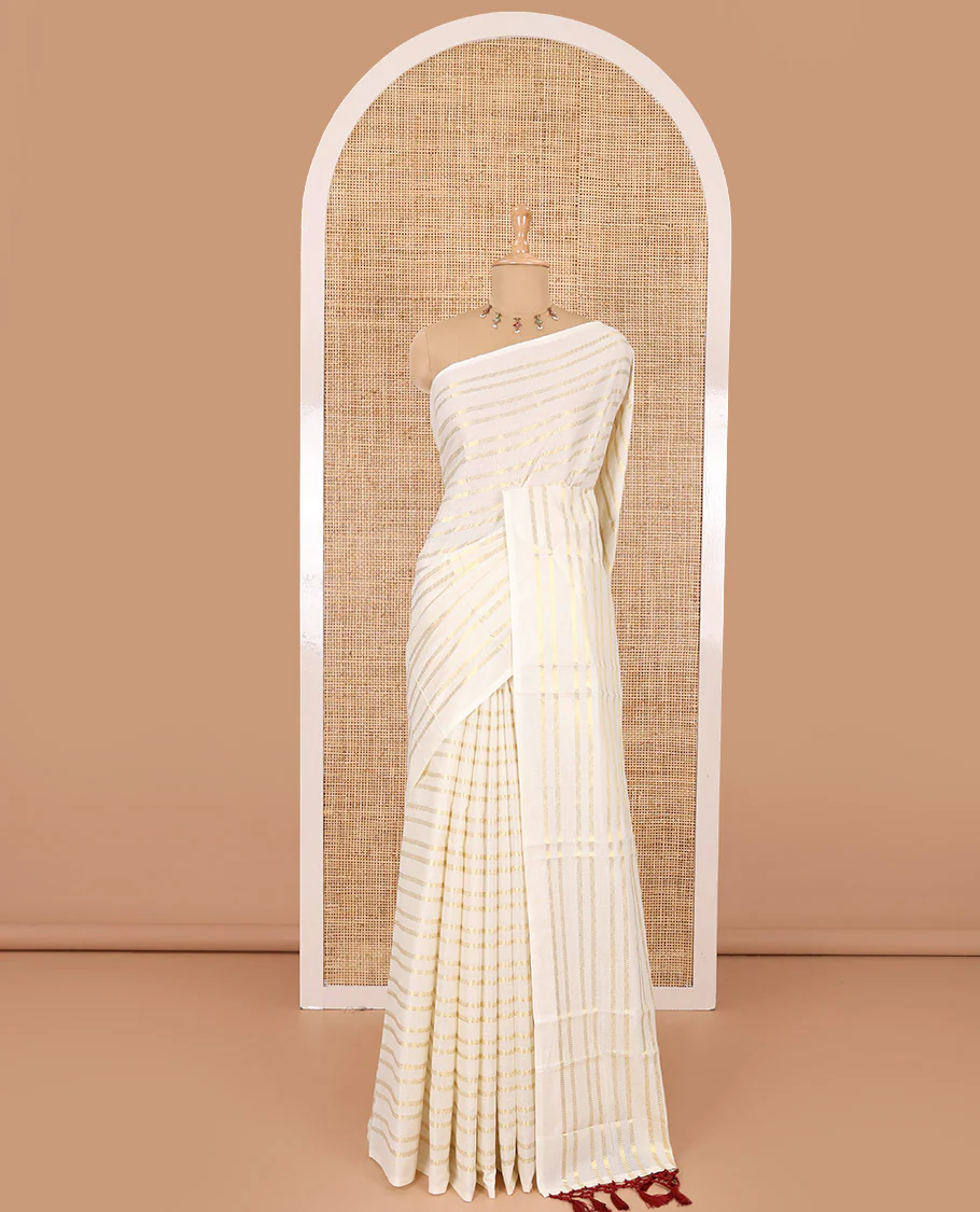Borderless cream and maroon horizontal muthu zari striped Kerala cotton saree, self-pallu with tassels, and a matching blouse - Image 2