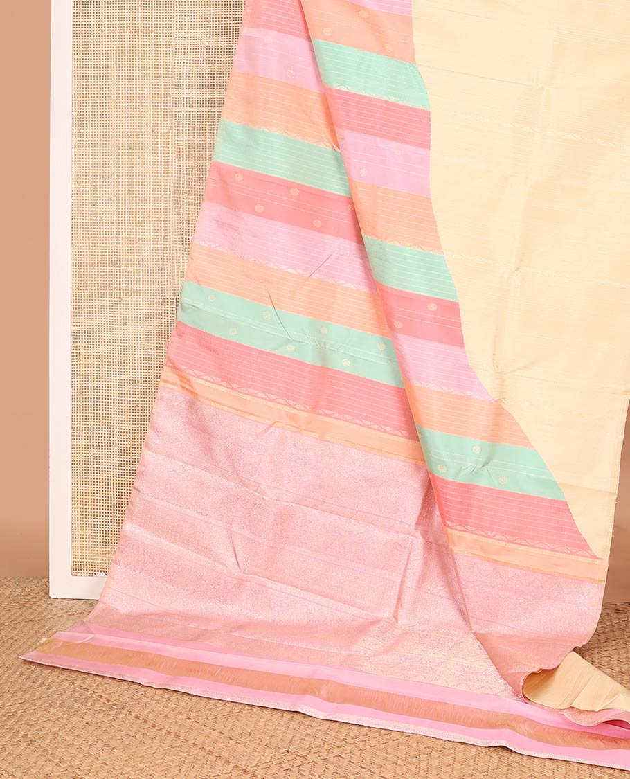 Borderless cream and multi-color ragkat striped half-and-half Kanchipuram designer saree with buttas, intricate pallu - Image 3