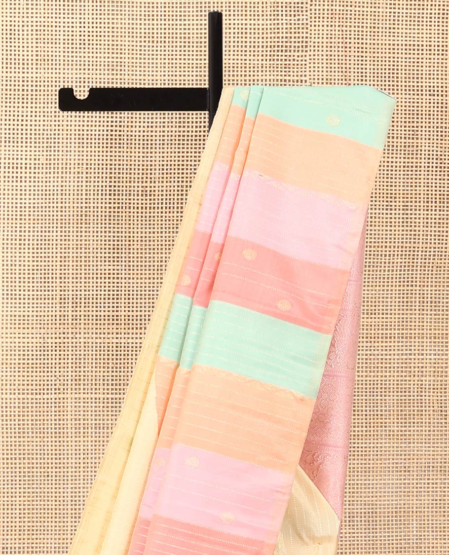 Borderless cream and multi-color ragkat striped half-and-half Kanchipuram designer saree with buttas, intricate pallu - Image 4