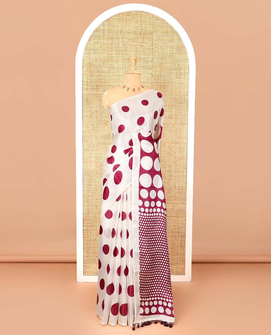Borderless cream and purple polka dots printed art khadi cotton saree, pallu steeped with polka dots, and a contrast tiny polka dots printed blouse - Image 2