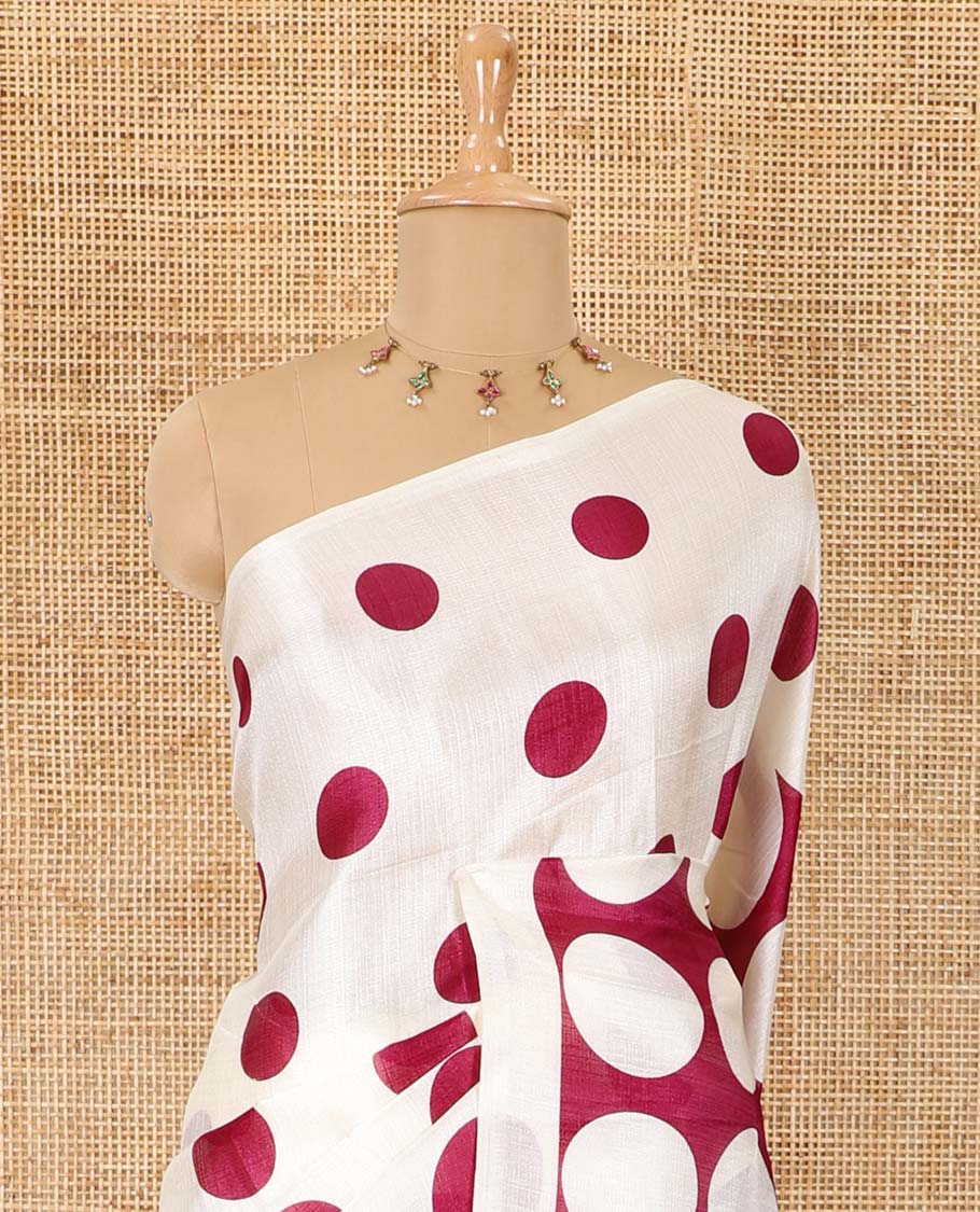 Borderless cream and purple polka dots printed art khadi cotton saree, pallu steeped with polka dots, and a contrast tiny polka dots printed blouse - Image 3