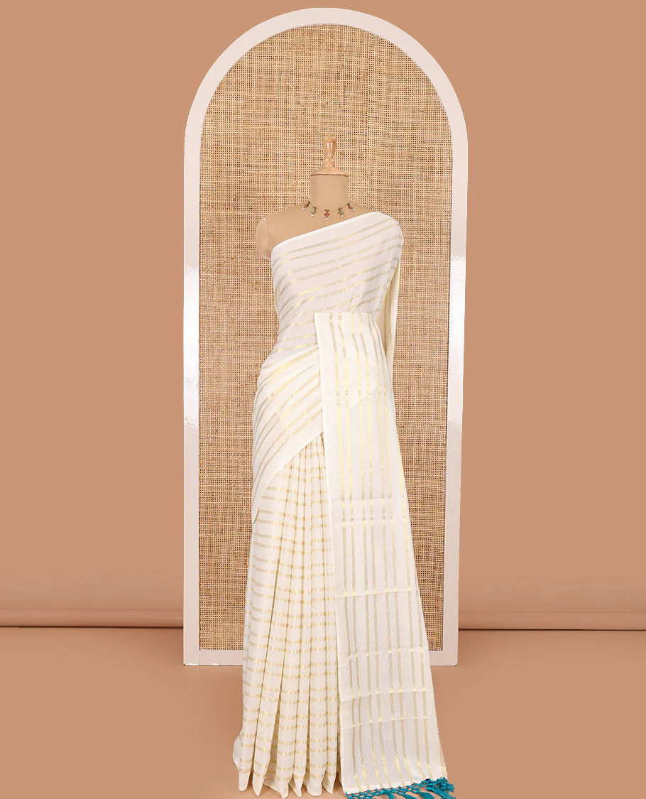 Borderless cream and ramar blue horizontal zari muthu striped Kerala cotton saree, self-pallu with tassels and a matching blouse - Image 2