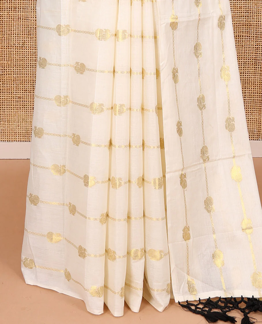 Borderless cream-black peacock and horizontal zari striped Kerala cotton saree, self-pallu with tassels, and a matching blouse - Image 4
