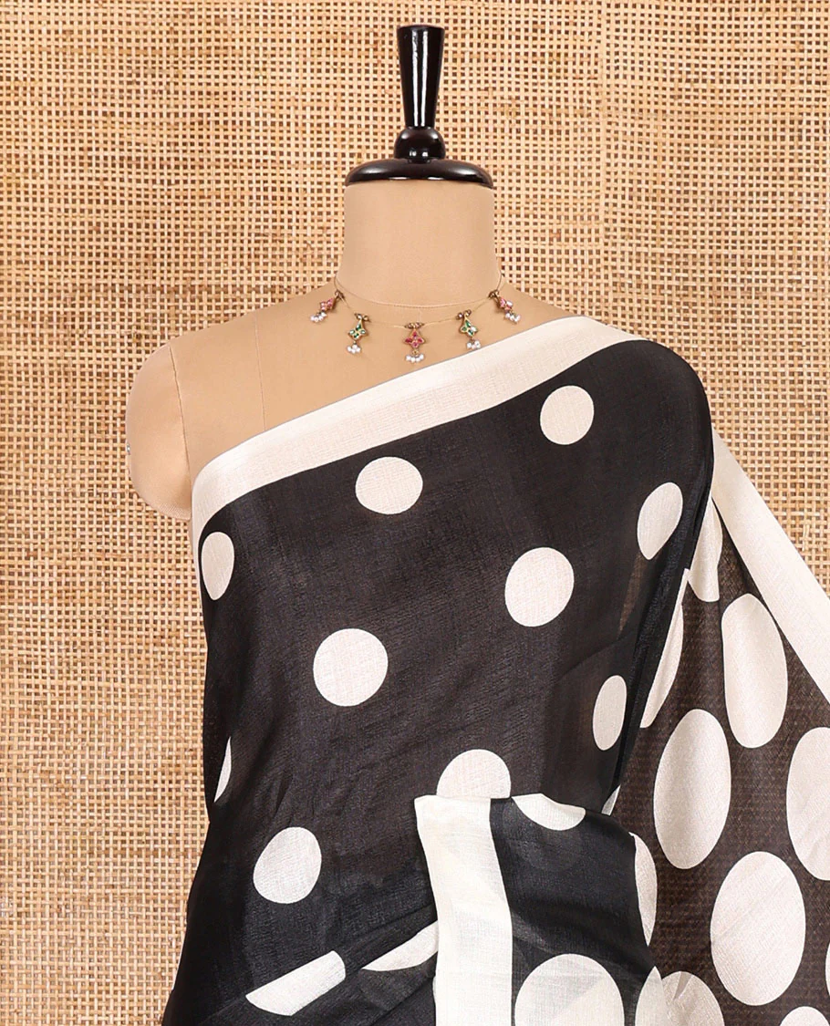 Borderless cream-black polka dots printed art khadi cotton saree, pallu of big and small coin-size polka dots print, and a small dots printed blouse - Image 2