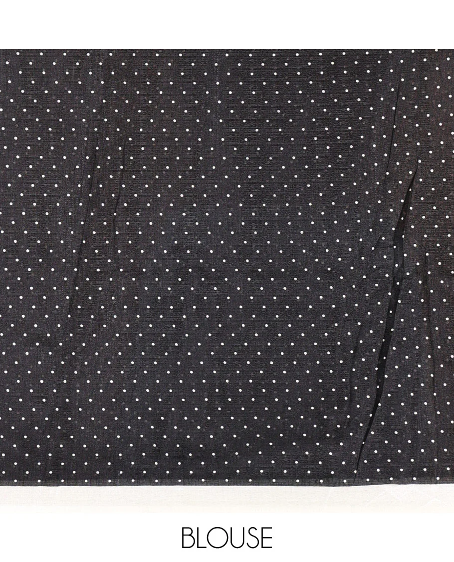 Borderless cream-black polka dots printed art khadi cotton saree, pallu of big and small coin-size polka dots print, and a small dots printed blouse - Image 3