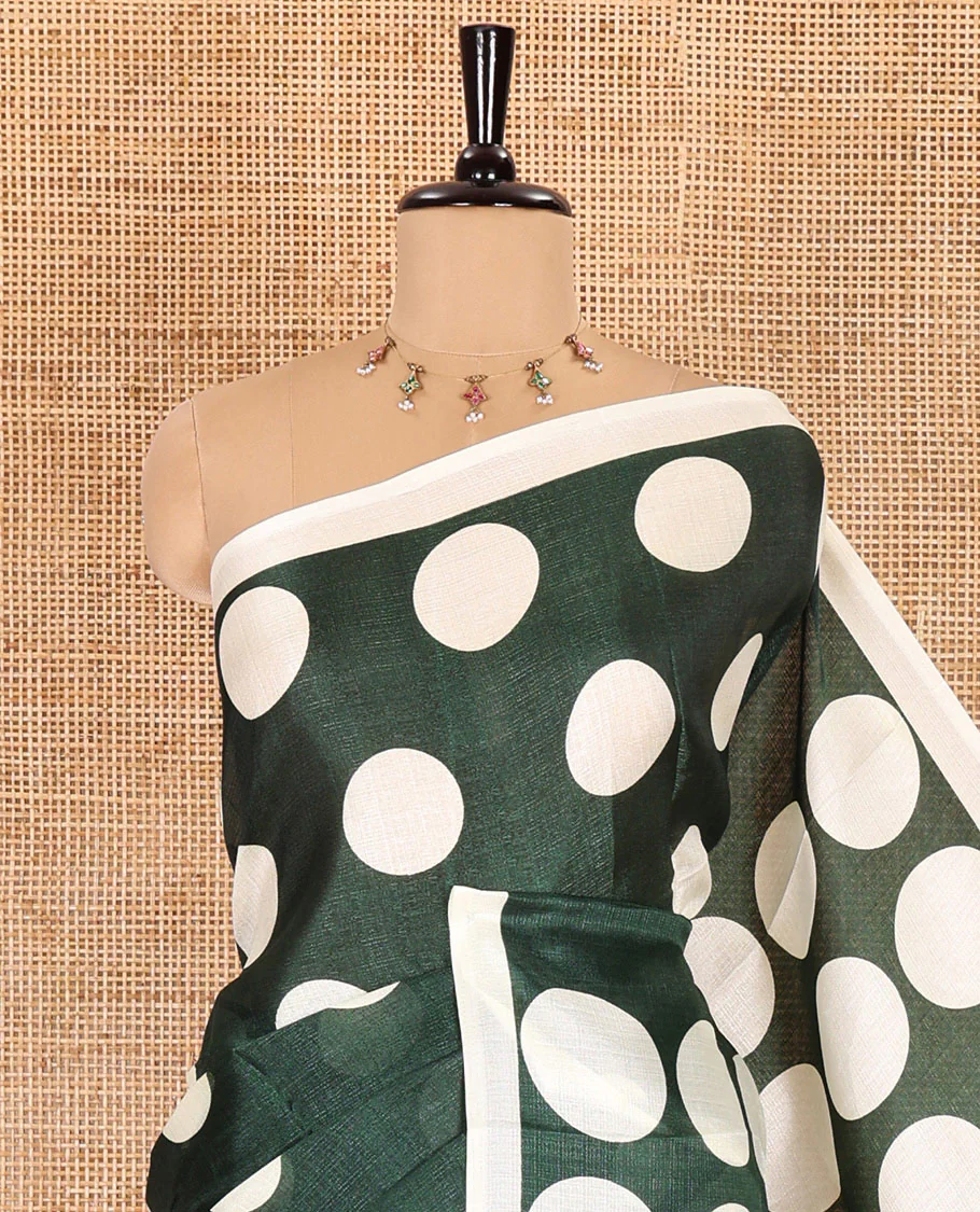 Borderless cream-bottle green polka dots printed art khadi cotton saree, pallu of big and small coin-size polka dots print, and a small dots printed blouse - Image 2