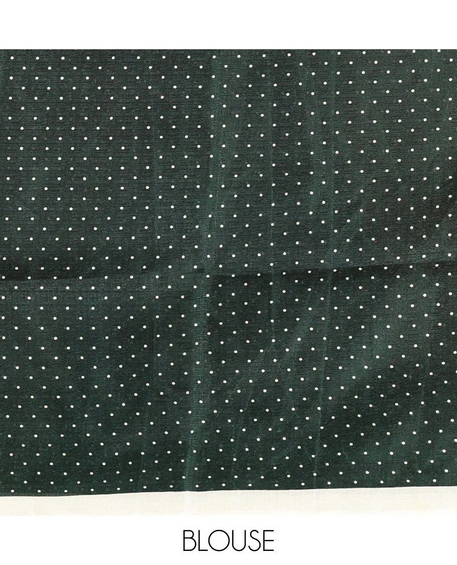 Borderless cream-bottle green polka dots printed art khadi cotton saree, pallu of big and small coin-size polka dots print, and a small dots printed blouse - Image 3