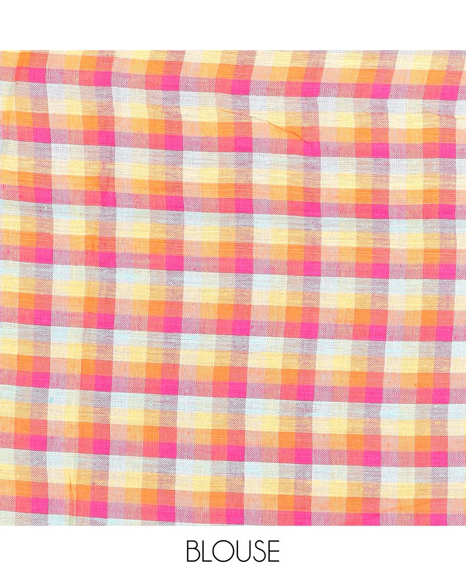Borderless cream checked linen cotton saree, contrast pallu of colorful floral motifs - Image 5