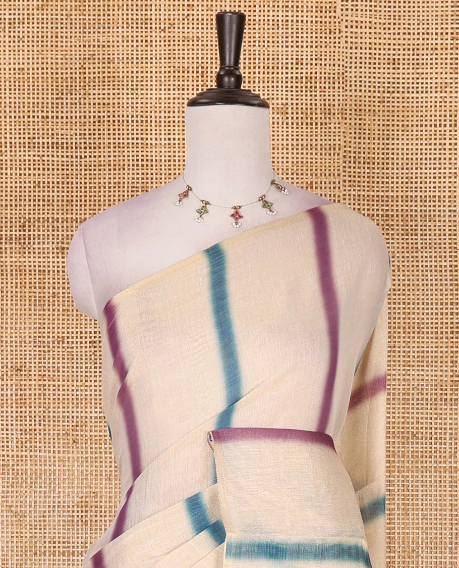 Borderless cream, colorful striped tissue saree, unique motifs printed blue color blouse - Image 3