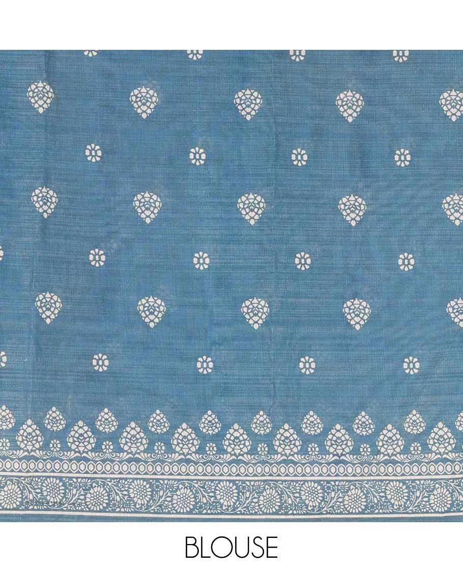 Borderless cream, colorful striped tissue saree, unique motifs printed blue color blouse - Image 4