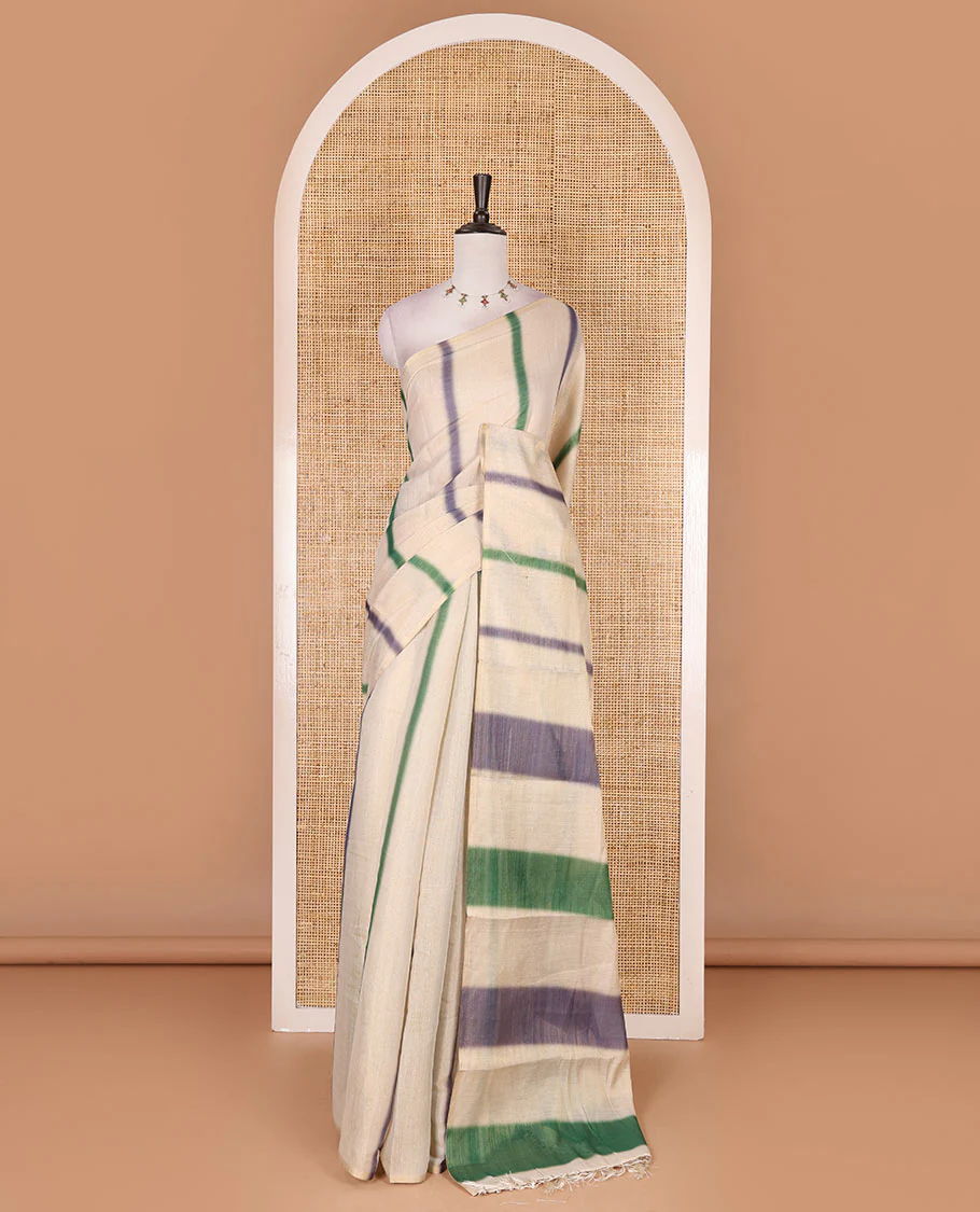 Borderless cream, colorful striped tissue saree, unique motifs printed green color blouse - Image 2