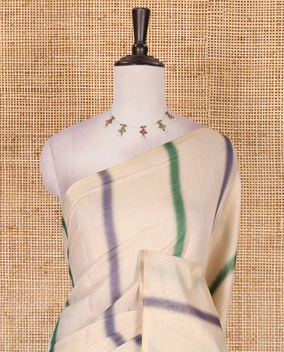 Borderless cream, colorful striped tissue saree, unique motifs printed green color blouse - Image 3