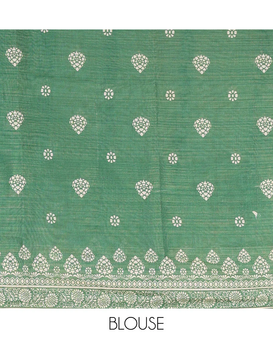 Borderless cream, colorful striped tissue saree, unique motifs printed green color blouse - Image 4