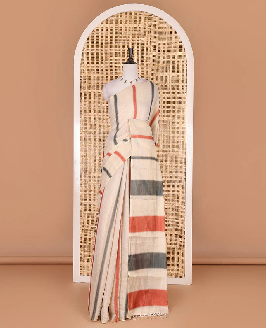 Borderless cream, colorful striped tissue saree, unique motifs printed orange color blouse - Image 2