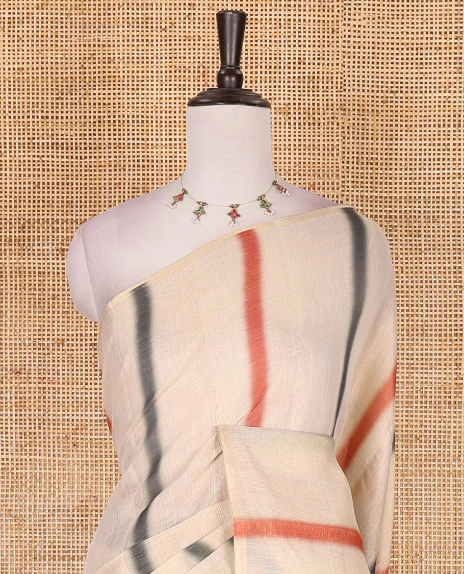 Borderless cream, colorful striped tissue saree, unique motifs printed orange color blouse - Image 3