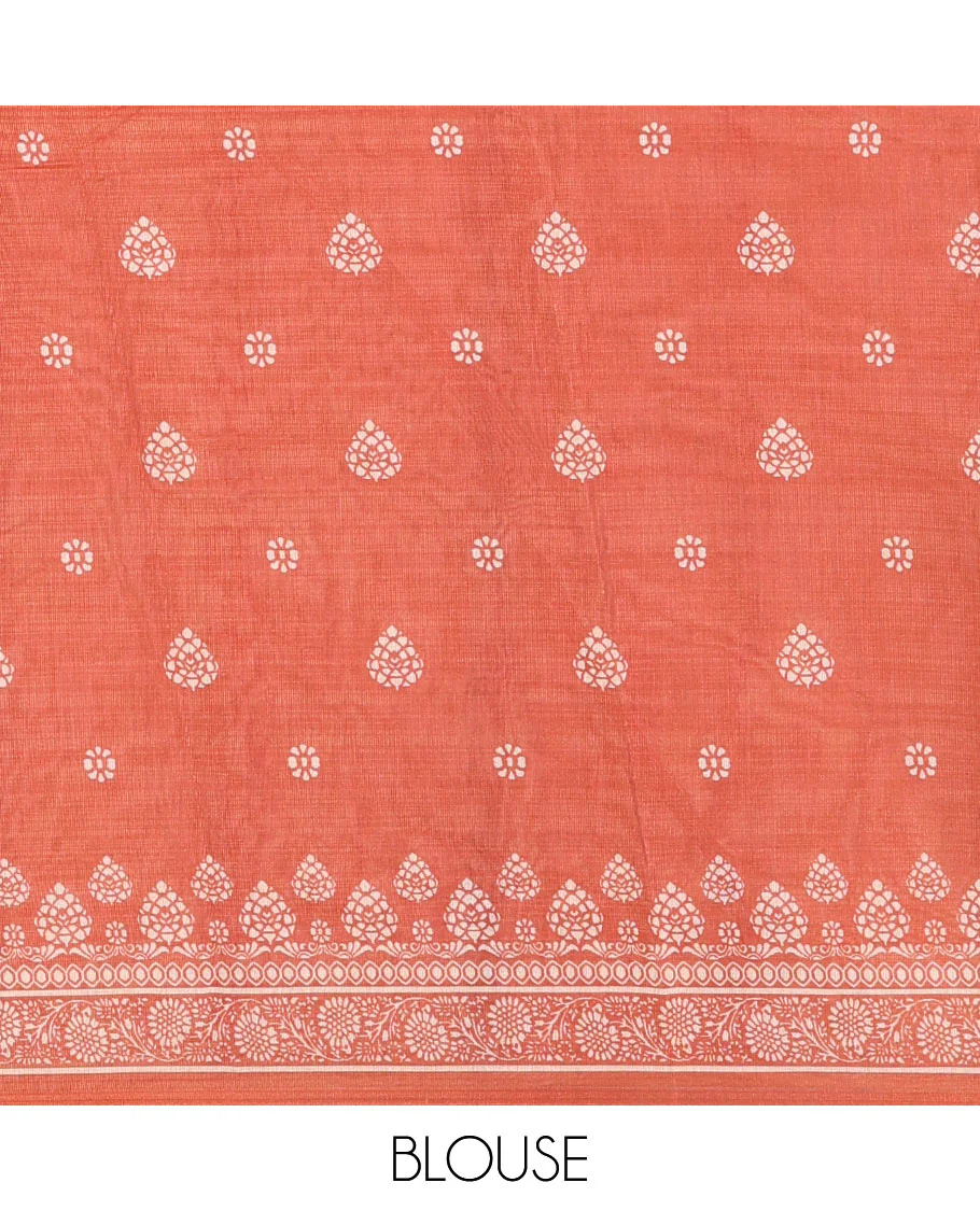 Borderless cream, colorful striped tissue saree, unique motifs printed orange color blouse - Image 4