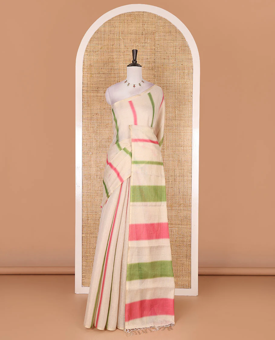 Borderless cream, colorful striped tissue saree, unique motifs printed pink color blouse - Image 2