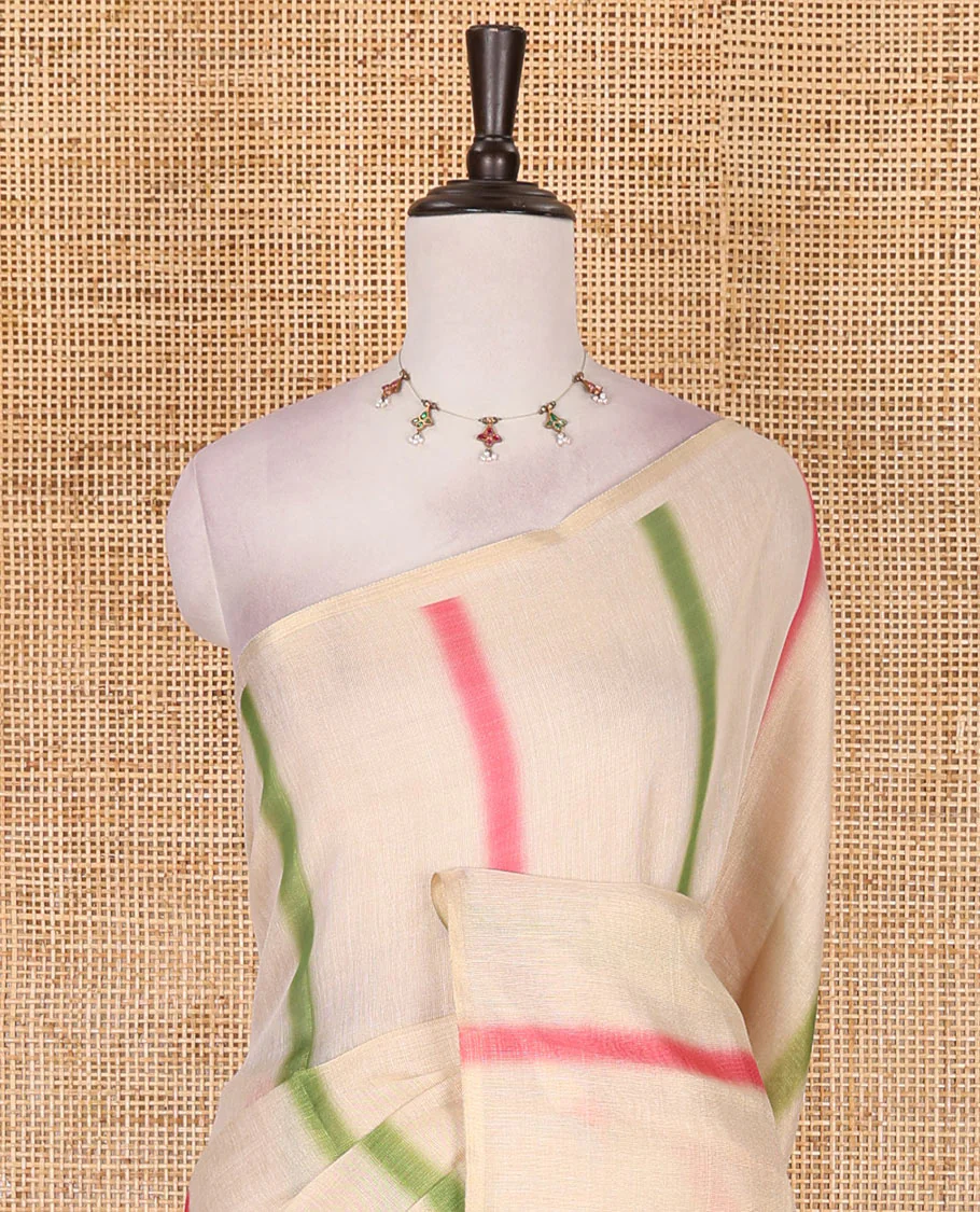 Borderless cream, colorful striped tissue saree, unique motifs printed pink color blouse - Image 3