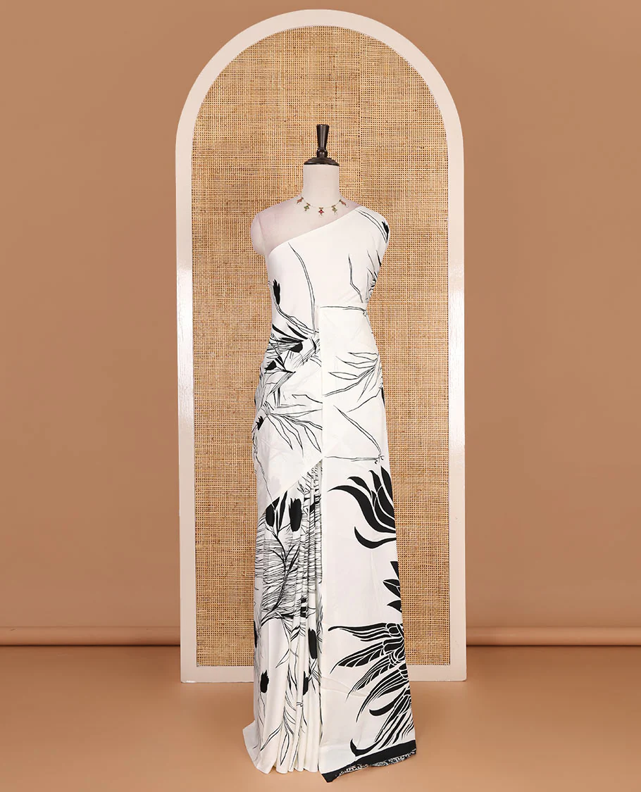 Borderless cream feather like floral motifs printed satin crepe saree, floral vine printed blouse - Image 2