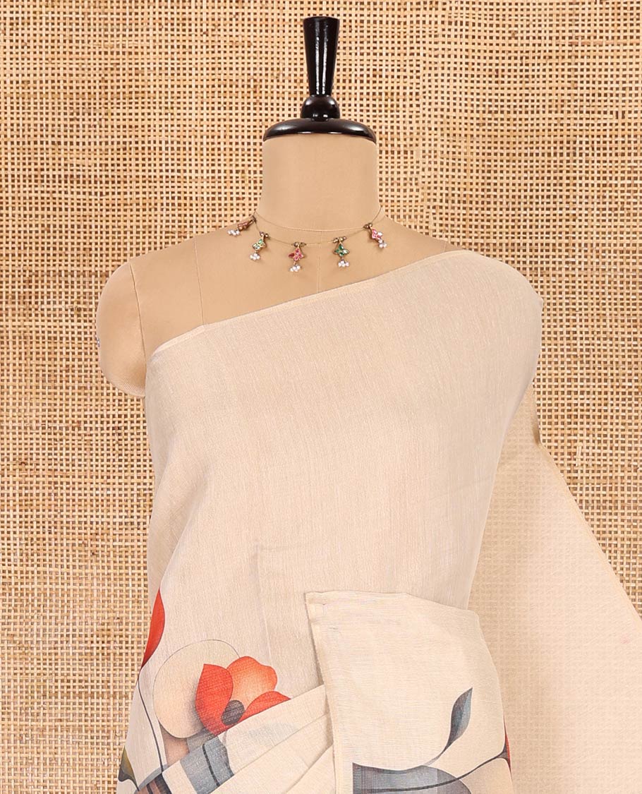 Borderless cream floral printed tissue linen saree, floral printed pallu, and a floral motifs printed blouse - Image 2