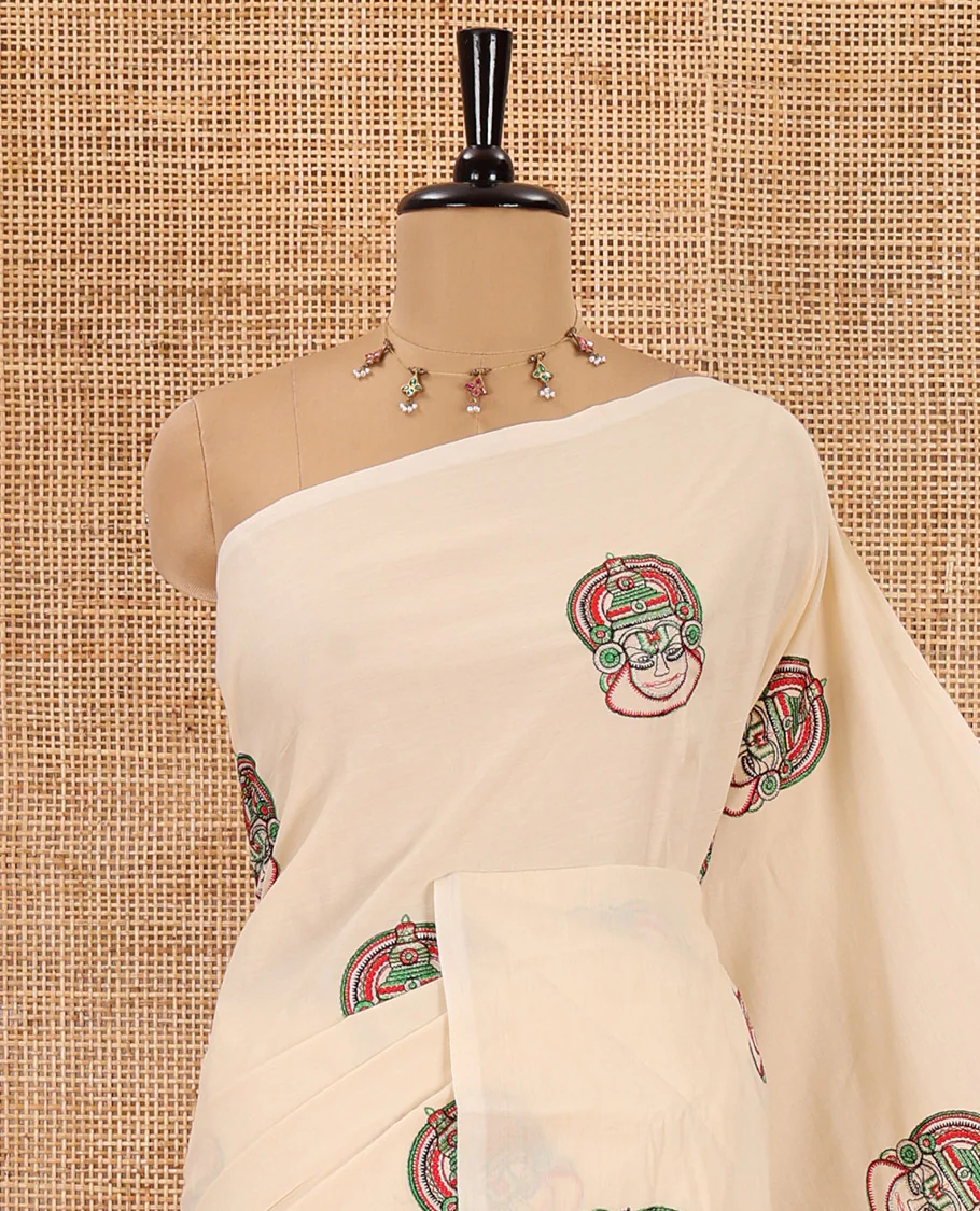 Borderless cream kathakali motifs embroidered South cotton saree, kathakali motifs embroidered pallu, and a matching plain blouse - Image 2