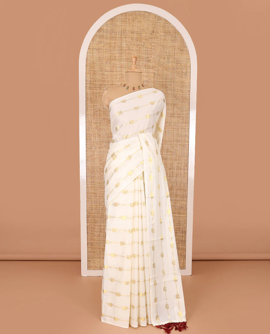 Borderless cream-maroon peacock and horizontal zari striped Kerala cotton saree, self-pallu with tassels, and a matching blouse - Image 2