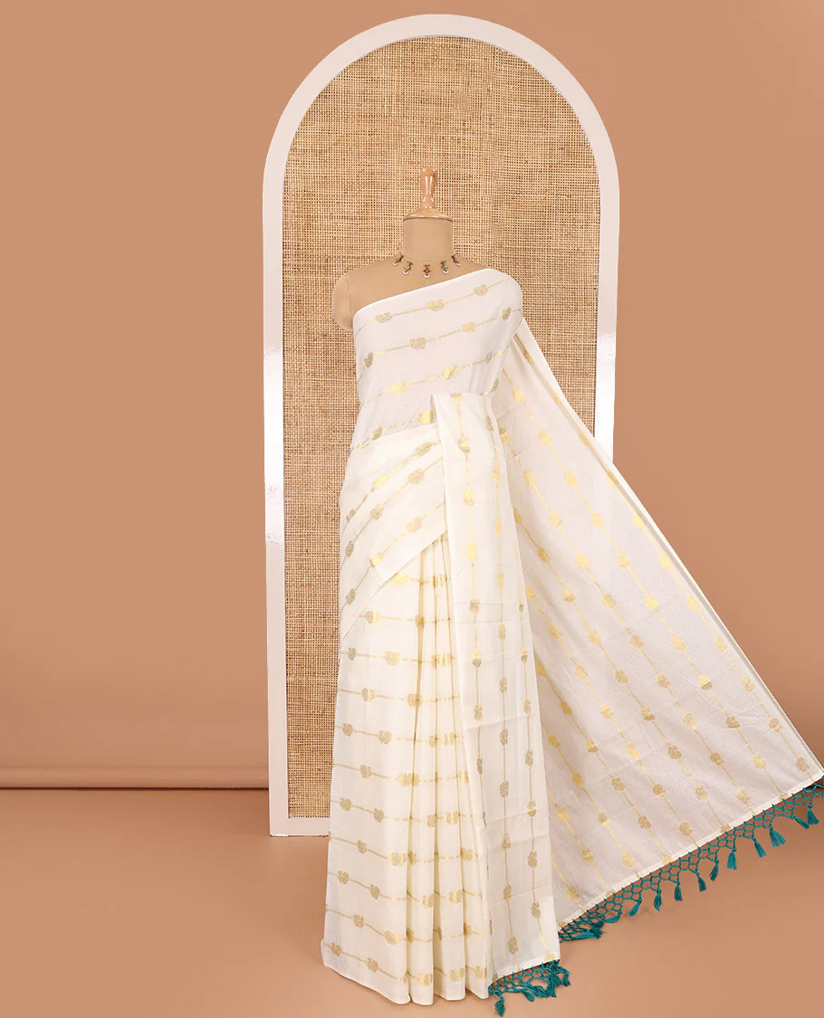 Borderless cream-ramar blue peacock and horizontal zari striped Kerala cotton saree, self-pallu with tassels, and a matching blouse