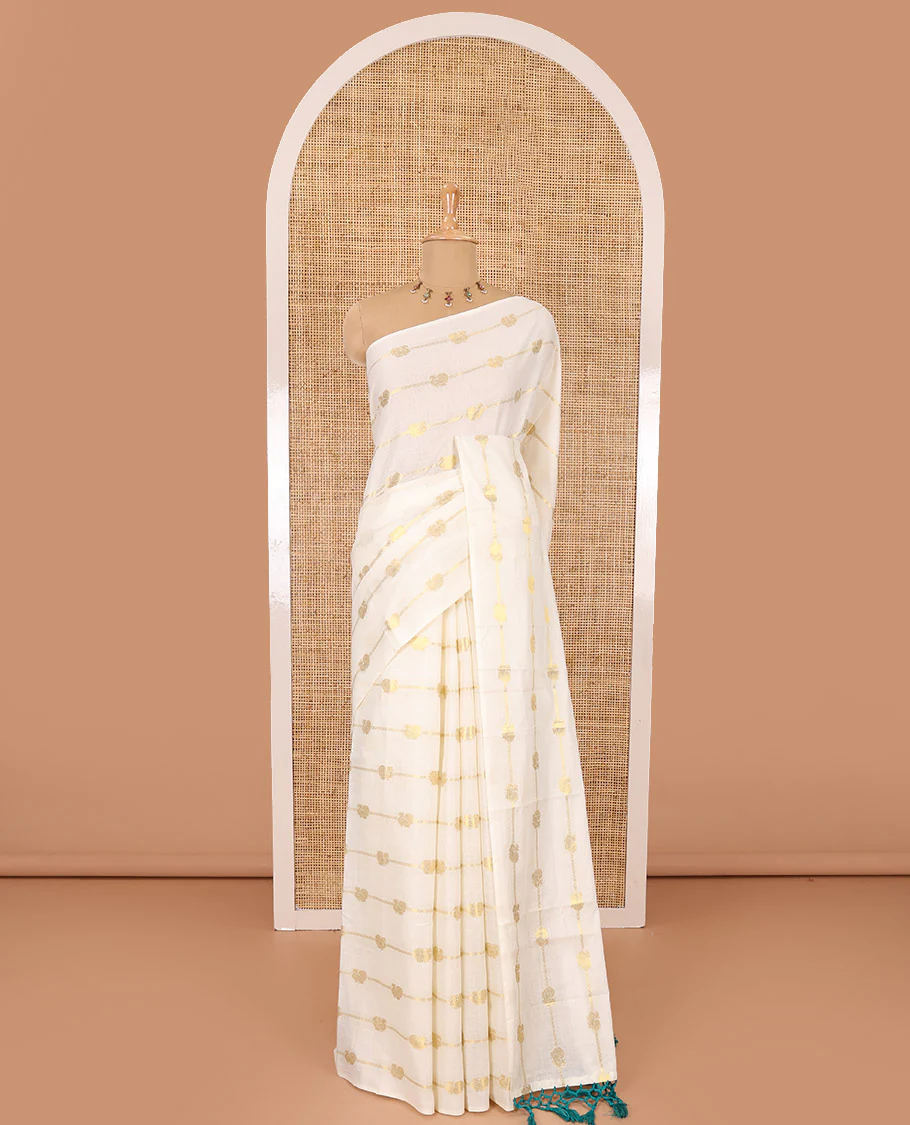 Borderless cream-ramar blue peacock and horizontal zari striped Kerala cotton saree, self-pallu with tassels, and a matching blouse - Image 2