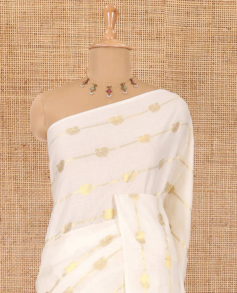 Borderless cream-ramar blue peacock and horizontal zari striped Kerala cotton saree, self-pallu with tassels, and a matching blouse - Image 3