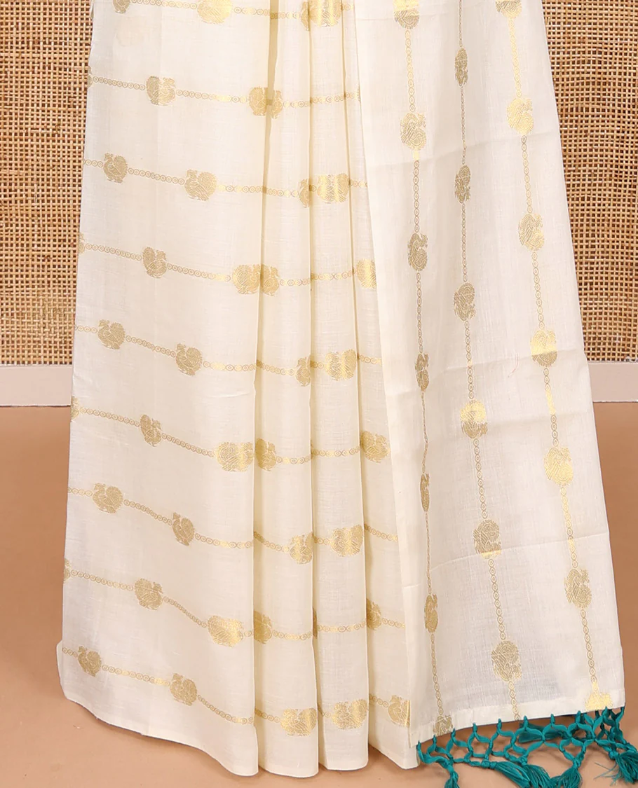 Borderless cream-ramar blue peacock and horizontal zari striped Kerala cotton saree, self-pallu with tassels, and a matching blouse - Image 4