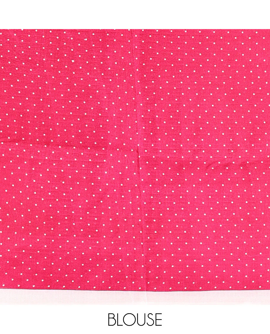 Borderless cream-rani pink polka dots printed art khadi cotton saree, pallu of big and small coin-size polka dots print, and a small dots printed blouse - Image 3