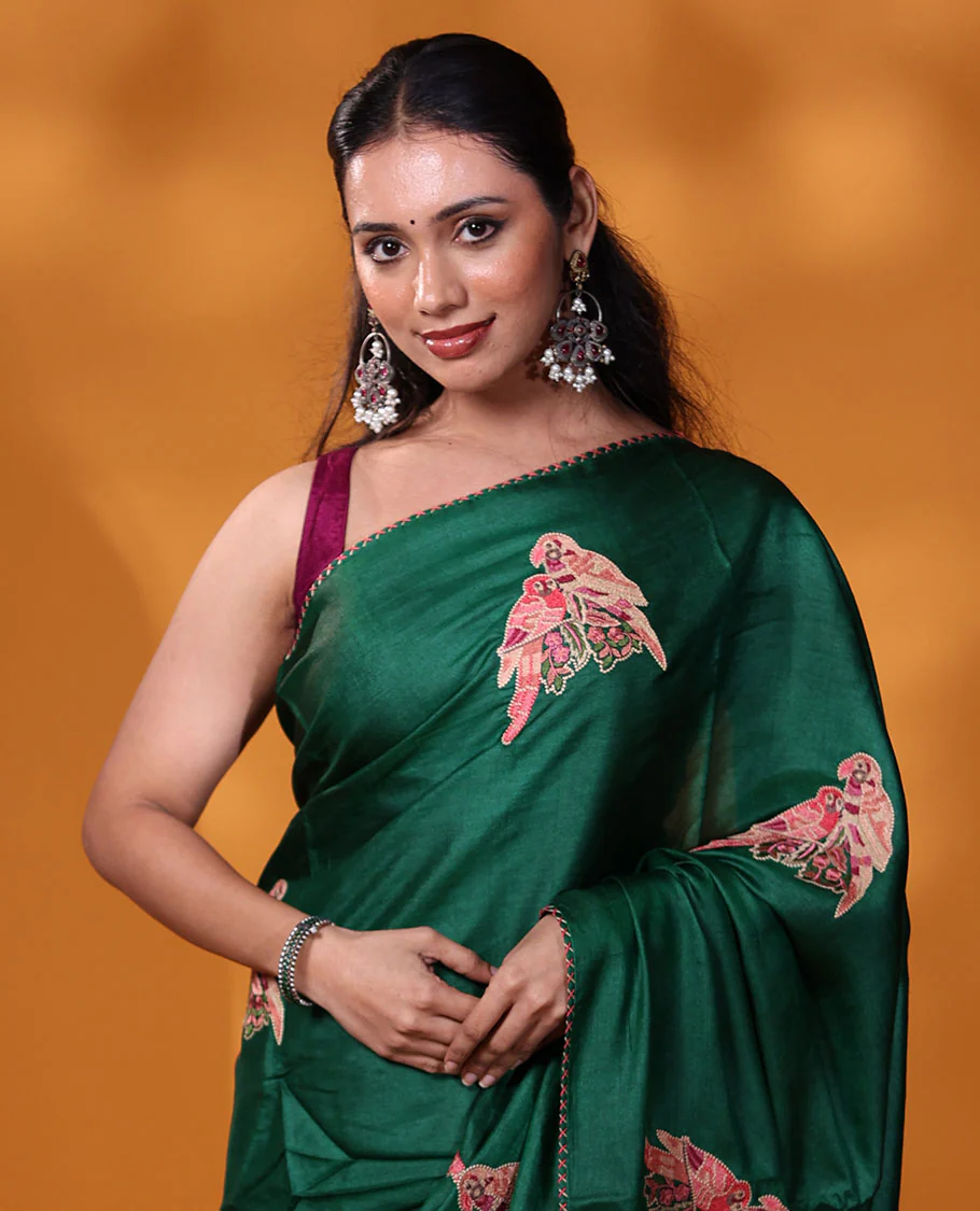 Borderless dark green macaw parrot motifs multi-colored thread embroidered tussar saree - Image 2