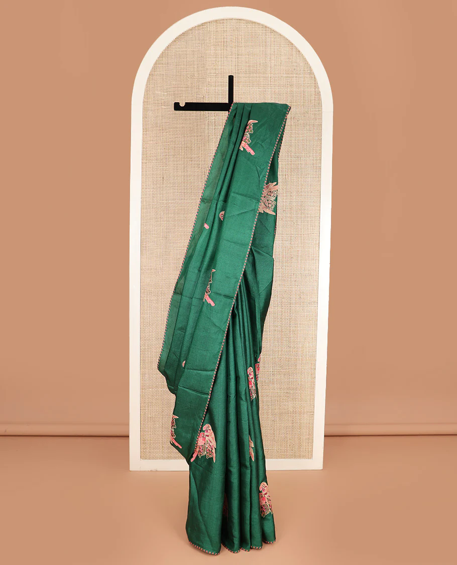 Borderless dark green macaw parrot motifs multi-colored thread embroidered tussar saree - Image 3