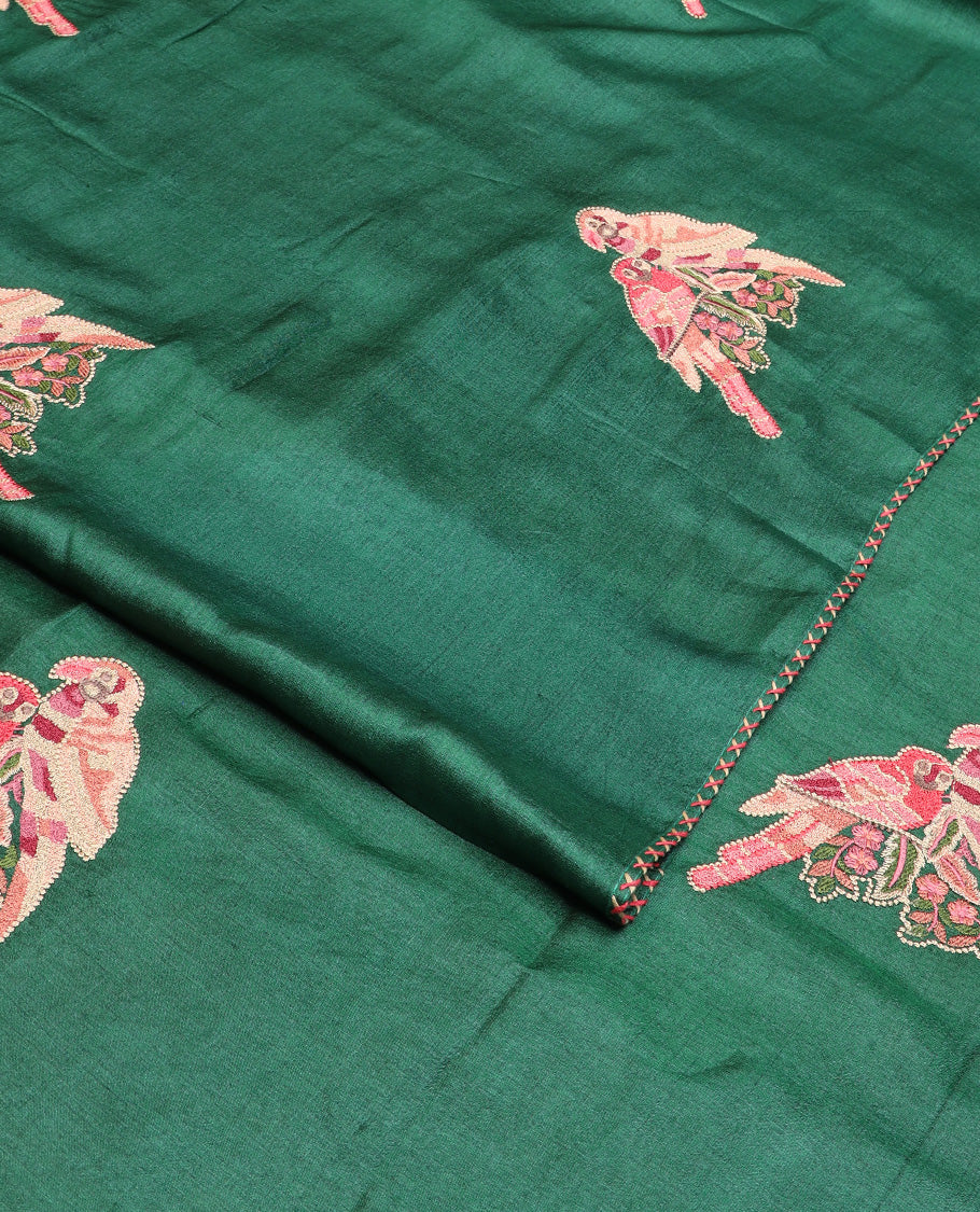 Borderless dark green macaw parrot motifs multi-colored thread embroidered tussar saree - Image 4