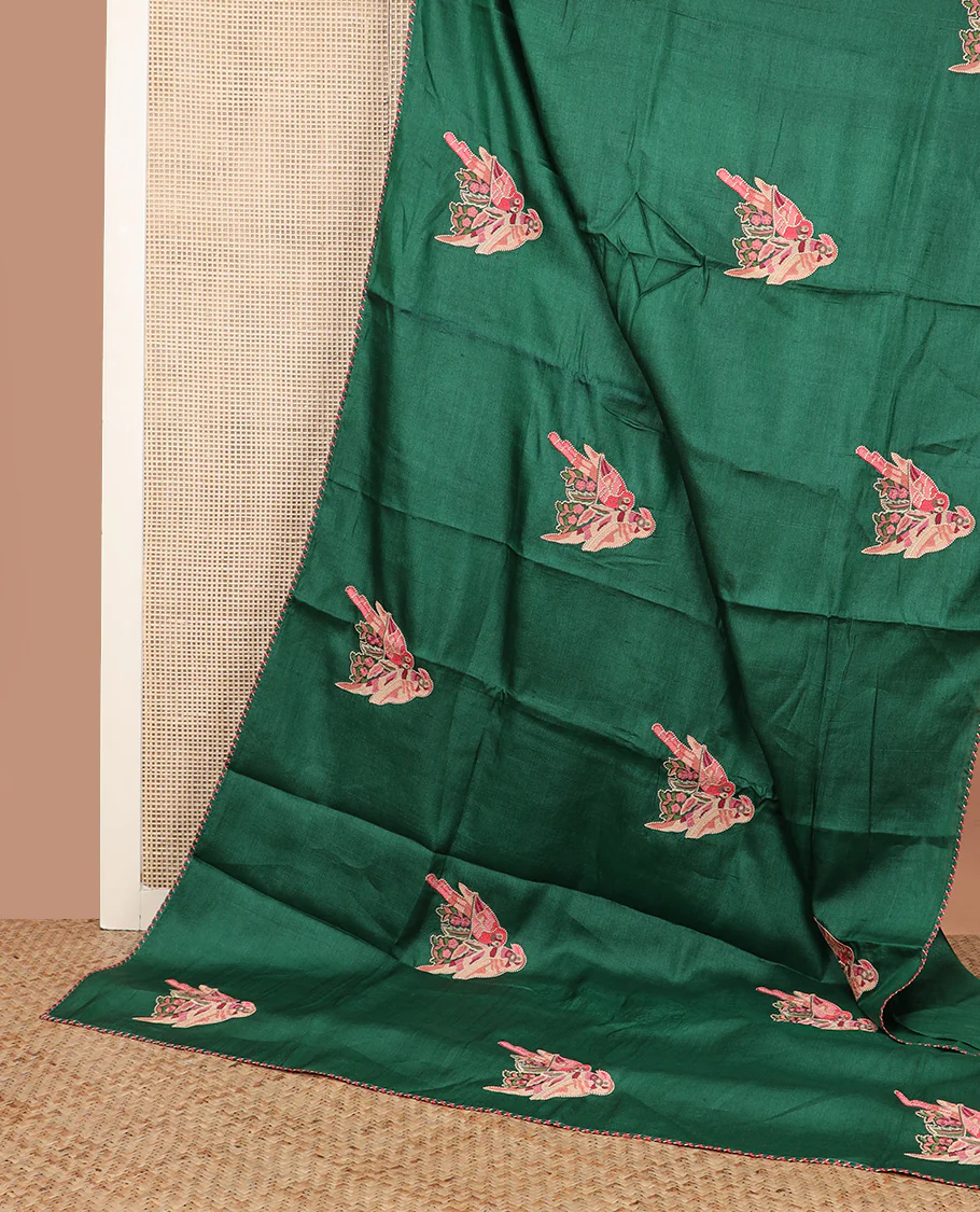 Borderless dark green macaw parrot motifs multi-colored thread embroidered tussar saree - Image 5