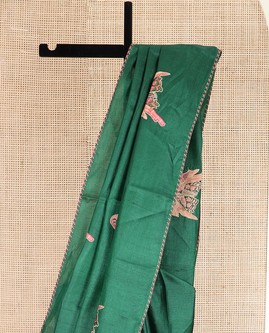 Borderless dark green macaw parrot motifs multi-colored thread embroidered tussar saree - Image 6