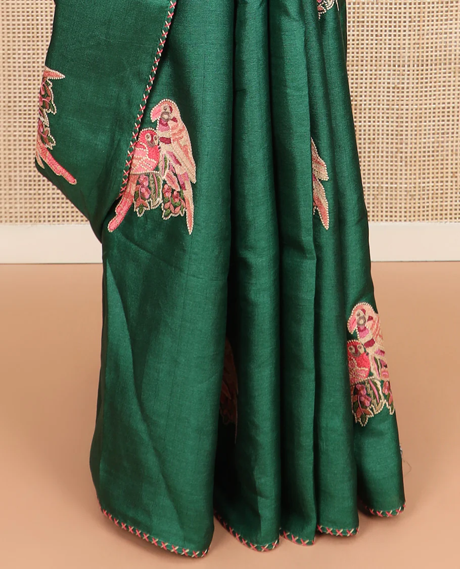 Borderless dark green macaw parrot motifs multi-colored thread embroidered tussar saree - Image 7