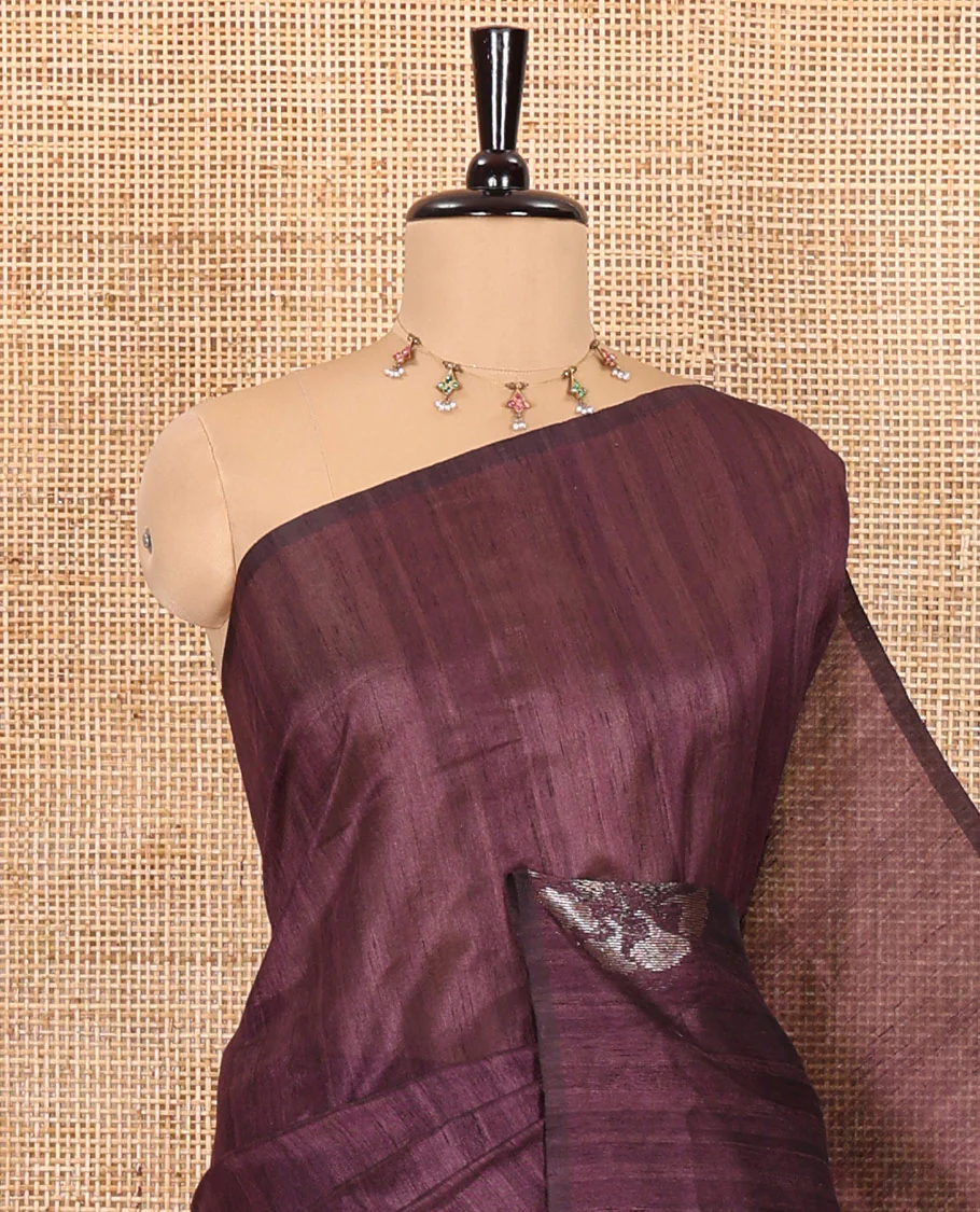 Borderless dark magenta floral buttas matka silk saree, contrast striped and buttas pallu, and a zari buttas woven blouse - Image 2