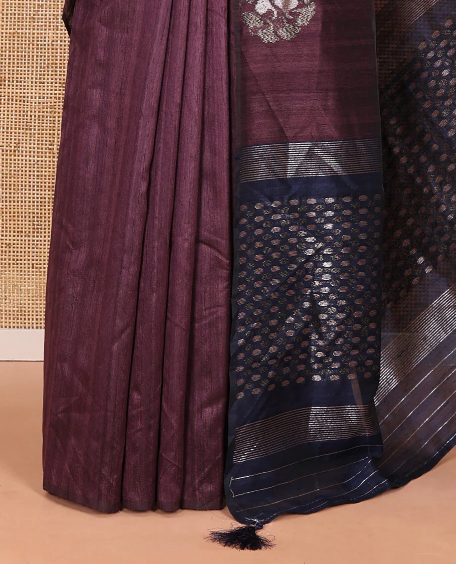 Borderless dark magenta floral buttas matka silk saree, contrast striped and buttas pallu, and a zari buttas woven blouse - Image 3
