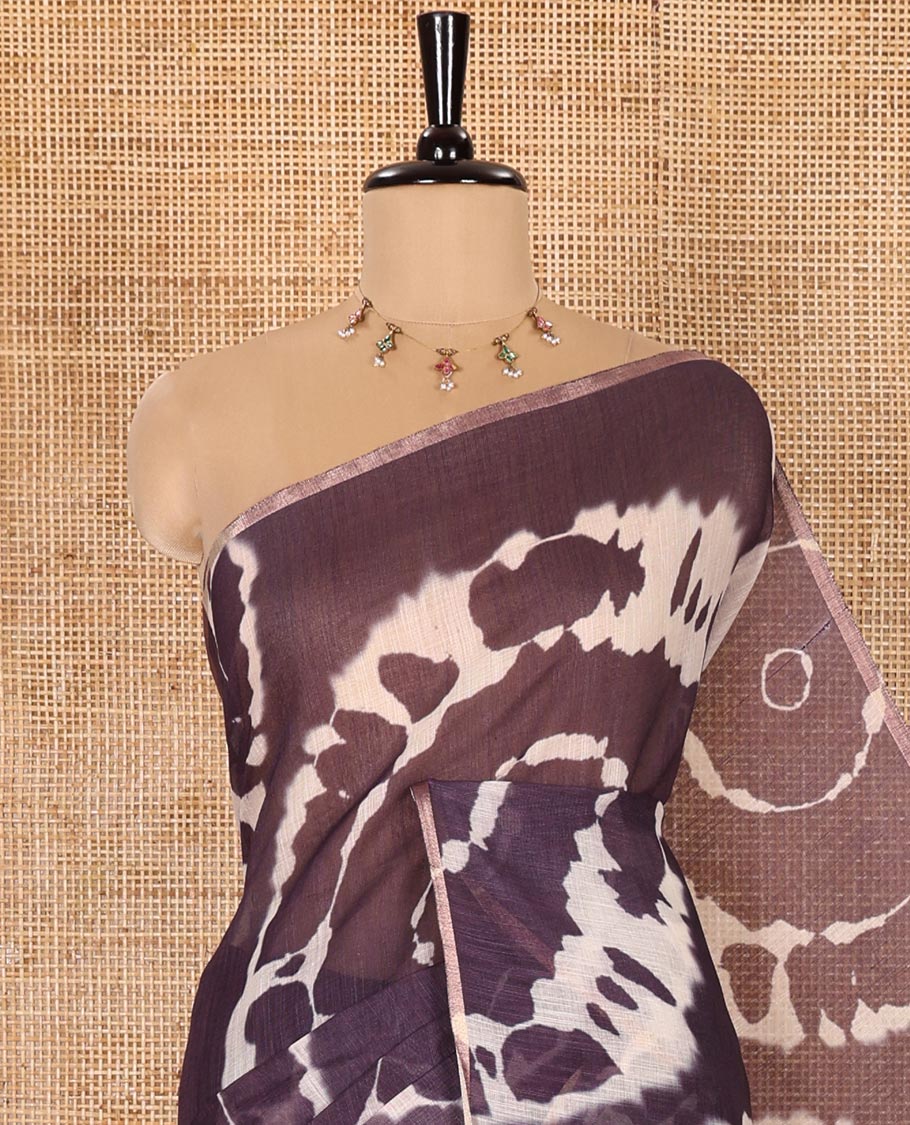 Borderless Dark Violet Linen Cotton Saree Bedecked with Shibori Prints, Complemented by Contrast Pallu Steeped with Floral Vine Print, and Paired with a Contrast Floral Printed Blouse - Image 2