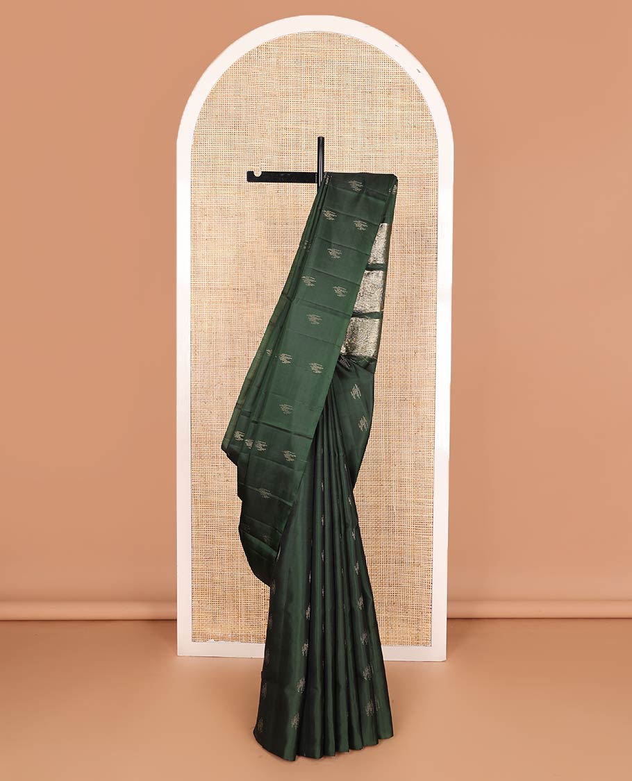 Borderless deep green zari buttas Mayuri soft silk saree, pallu of geometric design