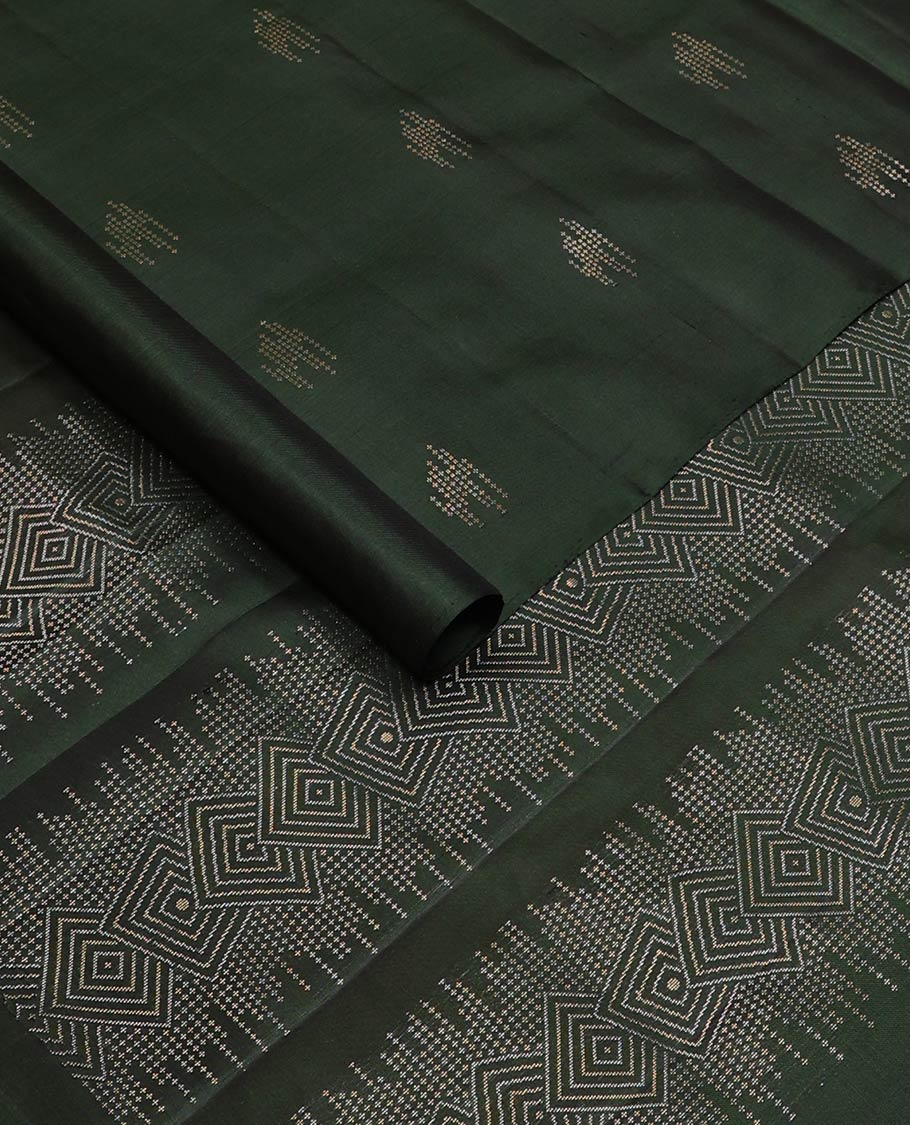 Borderless deep green zari buttas Mayuri soft silk saree, pallu of geometric design - Image 2
