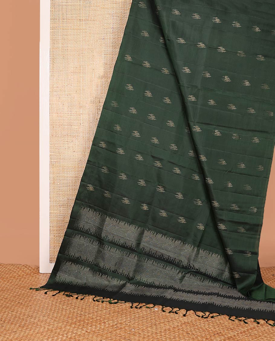 Borderless deep green zari buttas Mayuri soft silk saree, pallu of geometric design - Image 3