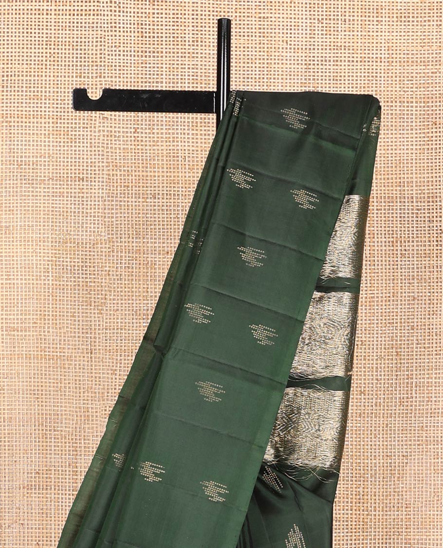 Borderless deep green zari buttas Mayuri soft silk saree, pallu of geometric design - Image 4