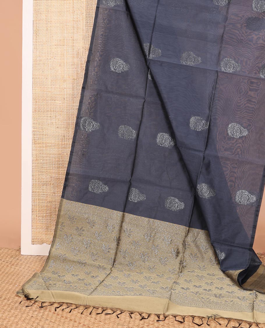 Borderless elephant grey zari buttas semi-silk cotton saree, contrast floral design pallu - Image 2