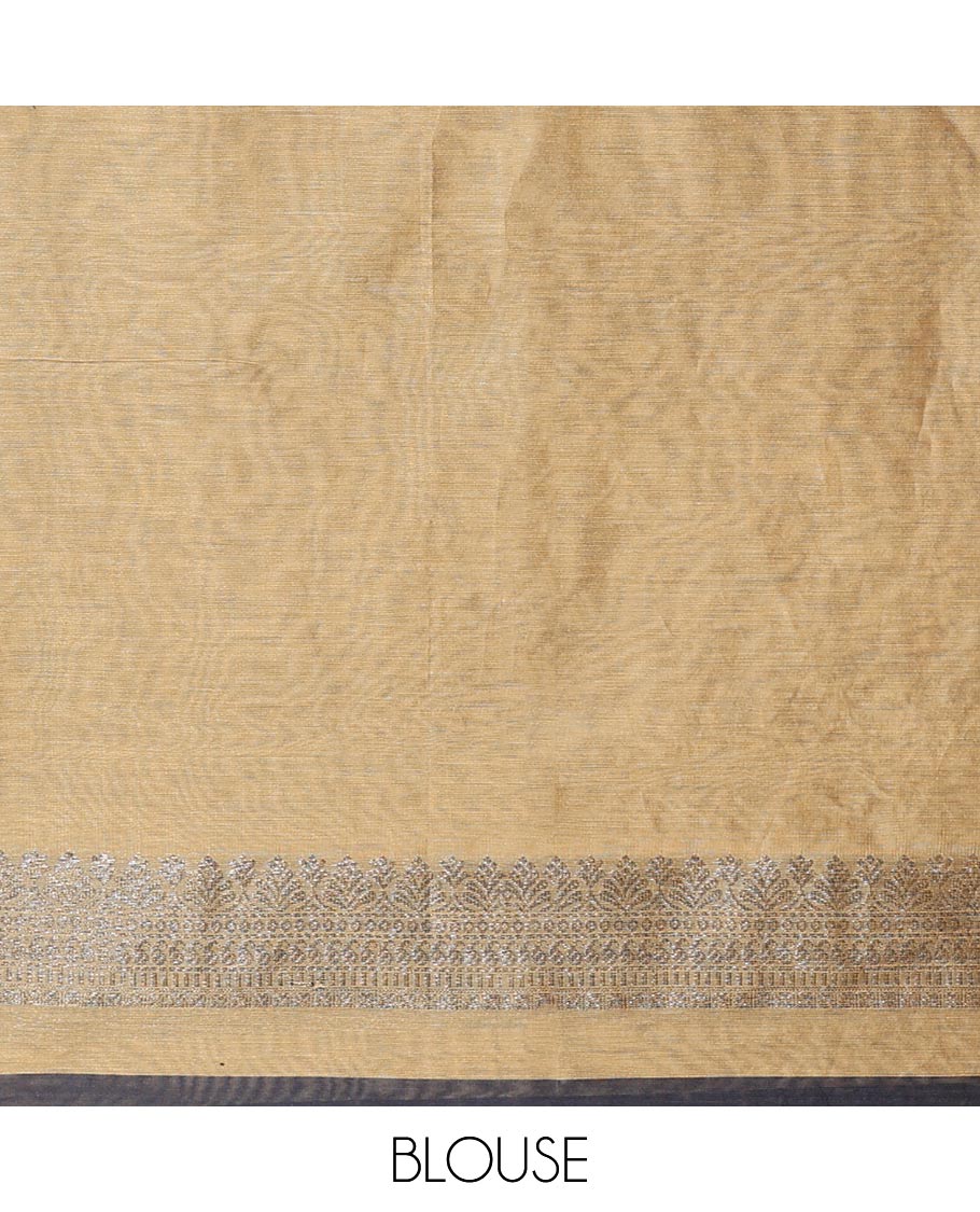 Borderless elephant grey zari buttas semi-silk cotton saree, contrast floral design pallu - Image 3