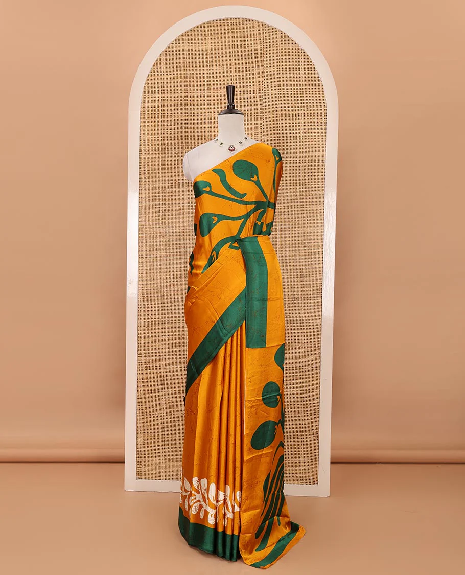 Borderless gold batik-style vine printed satin crepe saree, fancy printed self-pallu & batik printed blouse - Image 2